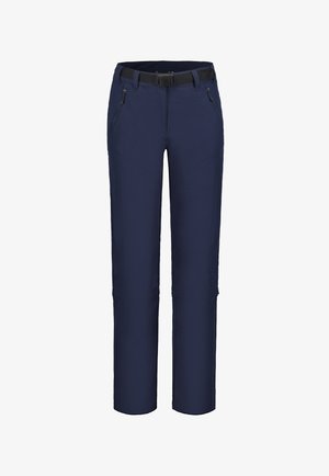 Pantalons de randonnée convertible bleu marine avec ceinture noire réglable et poches latérales zippées, conçus pour les activités de plein air.