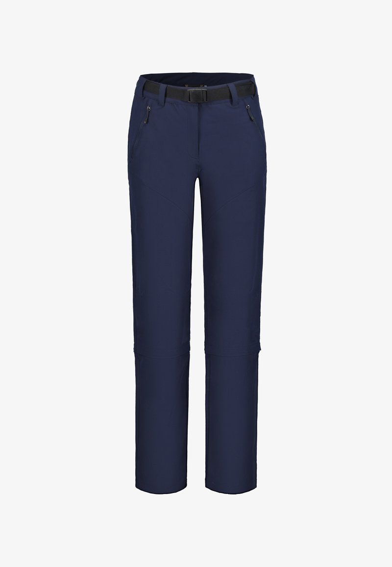 Námořnicky modré konvertibilní turistické kalhoty s černým nastavitelným pásem a zipovými bočními kapsami, navržené pro venkovní aktivity.