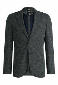 Blazer scuro con texture e un motivo sottile, revers a punta, chiusura con un bottone, due tasche frontali e una fodera interna a contrasto.