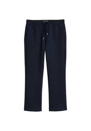 Granatowe spodnie dresowe wykonane z miękkiego materiału, wyposażone w elastyczny pas ze sznurkiem, boczne kieszenie oraz prosty krój nogawek.