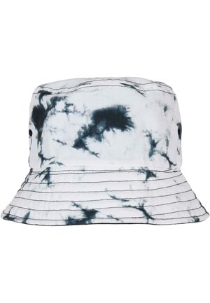 Bucket hat made of fabric with a black and white tie-dye pattern. Features a wide brim and structured top with visible stitching.
