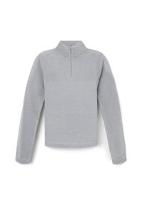 Pullover grigio a maniche lunghe con colletto alto e mezza zip. Il materiale ha una leggera lucentezza. Design aderente con polsini e orlo a coste.