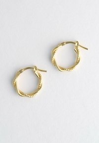 Ett par små guldörhängen i form av mikroskopiska hoops med en flätad och slät sammanflätad design på en vit bakgrund.