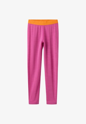 Fitted, pink leggings with a soft texture and an orange elastic waistband featuring embossed letters "P.O.P." for brand identification.