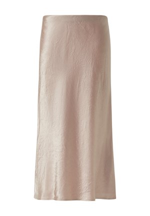 Light pink midi skirt made of smooth, slightly crinkled fabric. Features a straight silhouette and a subtle sheen. No fasteners or embellishments.