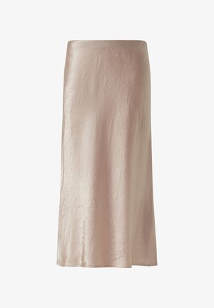 Gonna midi rosa chiaro realizzata in un tessuto liscio e leggermente stropicciato. Presenta una silhouette dritta e una sottile lucentezza. Nessun bottone o decorazione.