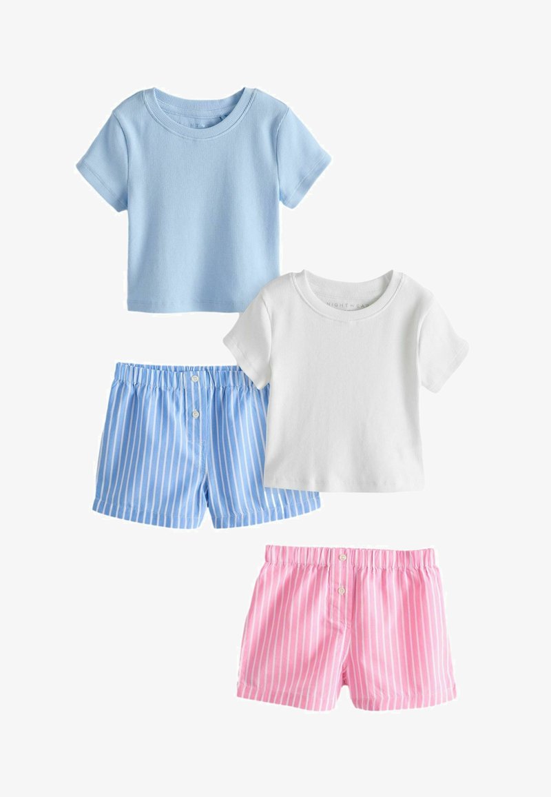Ensemble de pyjamas pour enfants : un haut à manches courtes côtelé bleu clair, un haut à manches courtes blanc et un short rayé bleu et rose avec une taille élastique.