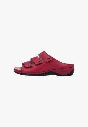 Sandalo rosso aperto con punta aperta, con tre cinturini regolabili in Velcro e suola nera, progettato per comfort e supporto.