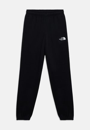 Sorte joggingbukser med elastisk talje og manchetter, sidelommer og en hvid The North Face-logo på højre lår.