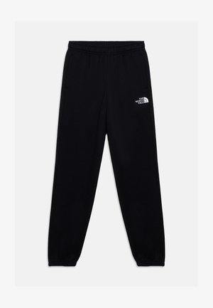 Czarne spodnie dresowe z elastycznym paskiem i ściągaczami, kieszeniami po bokach oraz białym logo The North Face na prawym udzie.