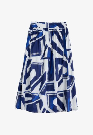 Gonna di lunghezza media con uno sfondo bianco e audaci motivi astratti blu, vita elastica e tessuto di cotone morbido.