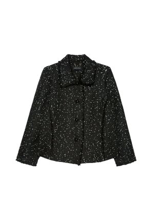 Černá bunda na zapínání s bílým tečkovaným vzorem, dlouhými rukávy a širokým límcem, položena na bílém pozadí.