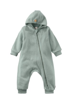Fleece eendelig pak in muntgroen, met een volledige rits, een capuchon en boorden bij de polsen en enkels, met een klein stoffen logo op de capuchon.