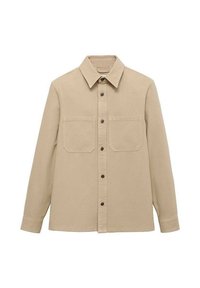 Beige skjorte med knaplukning og krave, to brystlommer, lange ærmer og sorte knapper. Lavet af bomuld med en glat tekstur.