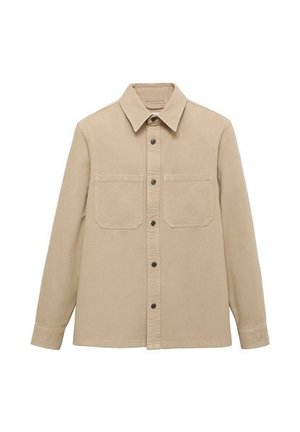 Beige overhemd met knoopsluiting en kraag, twee borstzakken, lange mouwen en zwarte knopen. Gemaakt van katoen met een gladde textuur.