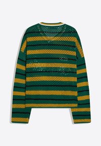 Pull en maille à manches longues à rayures vertes, jaunes et noires avec un col rond, montré de dos sur un fond blanc uni.