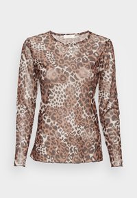 Blusa transparente de mangas longas com um padrão de leopardo em castanho e bege, com uma textura subtil. Decote redondo e punhos ligeiramente alargados.