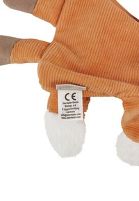 Orange corduroy glove with soft white accents, featuring a label with CE marking. Design includes rounded fingertips and plush texture.