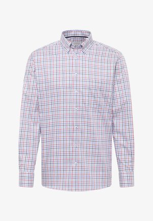 Langärmeliges Hemd zum Knöpfen mit kariertem Muster in Rot, Blau und Weiß, Button-Down-Kragen und Brusttasche vorne.