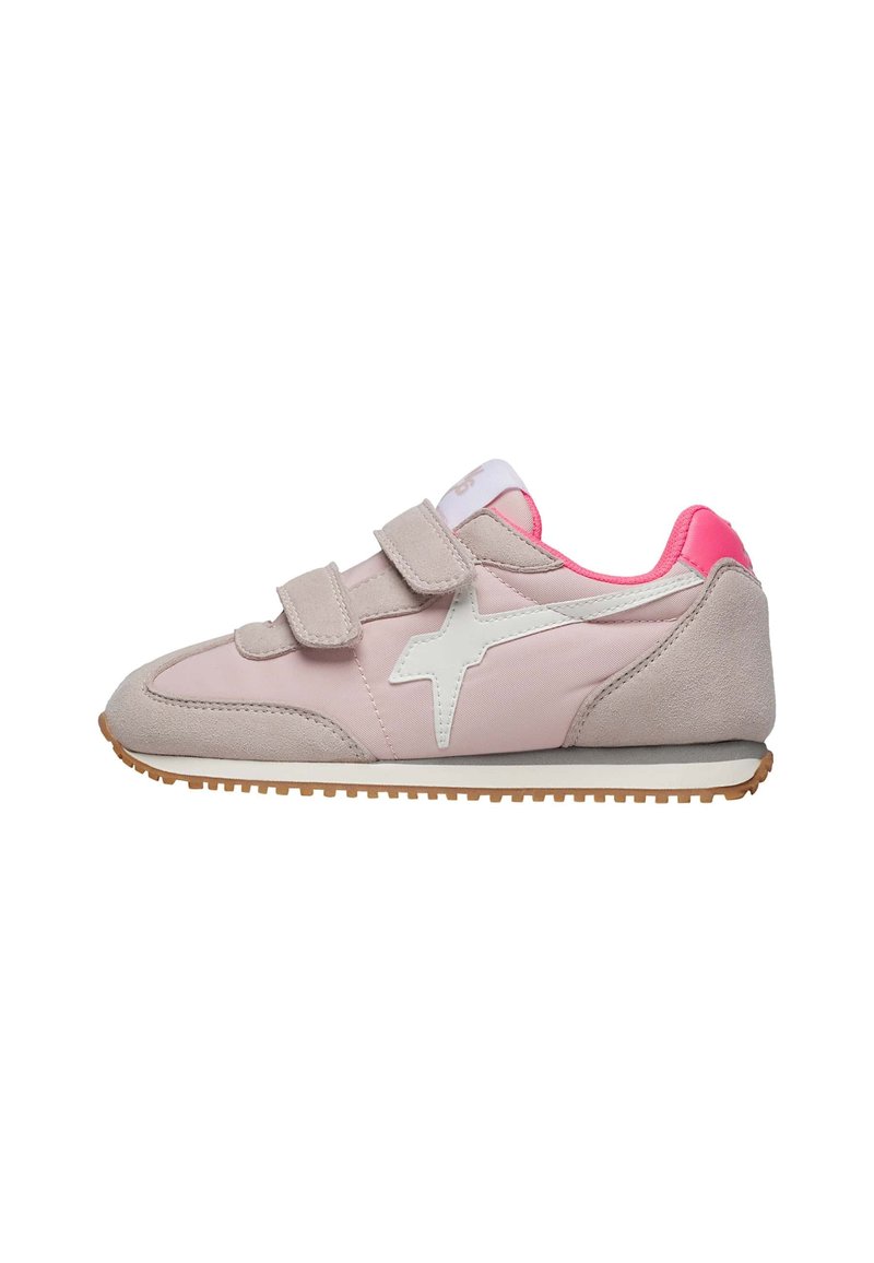 Scarpa atletica rosa e beige con logo a stella bianca, due cinturini in velcro, materiali scamosciati e sintetici, e suola in gomma testurizzata.