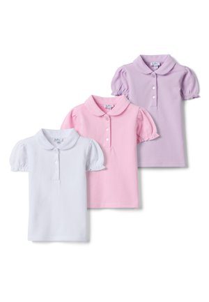 Trois polos à manches courtes pour filles en blanc, rose et lavande, chacun avec des manches bouffantes et un col arrondi.