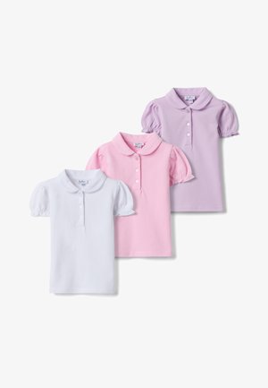 Drei kurzärmelige Poloshirts für Mädchen in Weiß, Pink und Lavendel, jeweils mit Puffärmeln und einem abgerundeten Kragen.