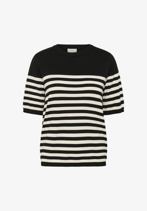 Schwarzes und weißes gestreiftes Strick-T-Shirt mit rundem Halsausschnitt und kurzen Ärmeln. Horizontale Streifen wechseln sich gleichmäßig ab und schaffen ein kräftiges Design.