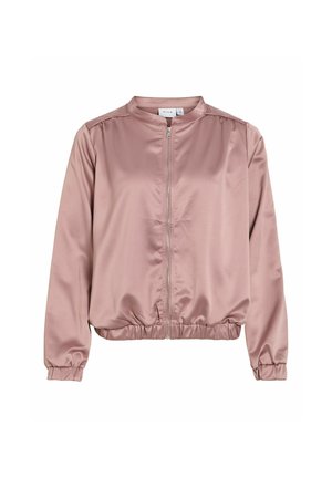 Light pink satin bomber jacket with front zipper, elastic cuffs, and gathered waistband, featuring a round collar and long sleeves.