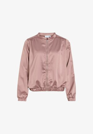 Light pink satin bomber jacket with front zipper, elastic cuffs, and gathered waistband, featuring a round collar and long sleeves.
