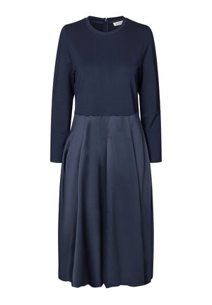 Dunkelblaues Kleid mit langen Ärmeln, Rundhalsausschnitt und tailliertem Oberteil. Ausgestellter Rock aus glattem Stoff mit unsichtbarem Reißverschluss im Rücken.