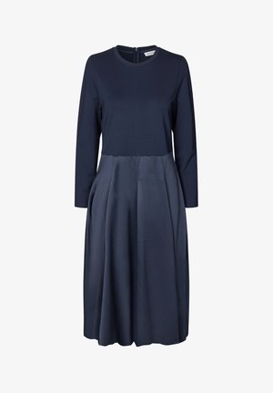 Dunkelblaues Kleid mit langen Ärmeln, Rundhalsausschnitt und tailliertem Oberteil. Ausgestellter Rock aus glattem Stoff mit unsichtbarem Reißverschluss im Rücken.