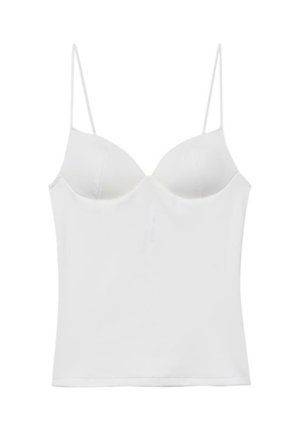 Weißes figurbetontes Camisole mit vorgeformten Cups und dünnen verstellbaren Trägern vor weißem Hintergrund.