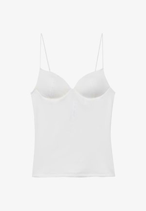 Weißes figurbetontes Camisole mit vorgeformten Cups und dünnen verstellbaren Trägern vor weißem Hintergrund.