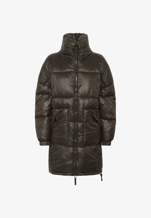 Daunenjacke in dunklem Olivgrün, mit hohem Kragen, Reißverschluss vorne, großen Taschen und einem gesteppten Design zur Isolierung.