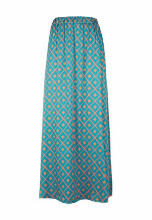 Gonna lunga teal con vita elasticizzata, caratterizzata da un motivo a rombi arancioni e gialli. Tessuto leggero con una consistenza liscia.