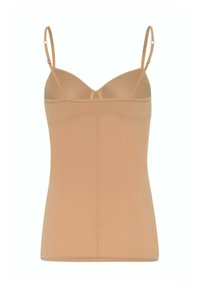 Top senza maniche in nude, con spalline regolabili, realizzato in tessuto morbido, design aderente e texture liscia; presenta dettagli di cucitura sottili.