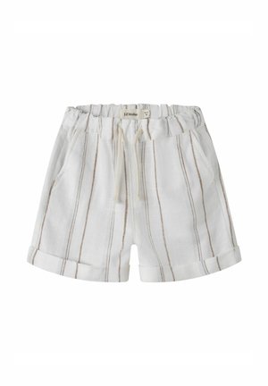 Hvide toddler-shorts med lodrette brune striber, elastisk talje, snøre, sidelommer og op rullede kanter.