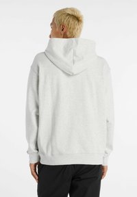 Light grey hooded sweatshirt with a relaxed fit, featuring a drawstring hood and ribbed cuffs. Soft texture, back view shown.