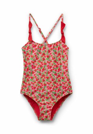 Mädchen-Einteiler Badeanzug mit rotem Erdbeer- und grünem Blättermuster, gekreuzten verstellbaren Schulterriemen und roten Schleifenakzenten.