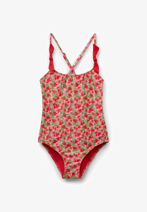 Costume intero da ragazza con motivo di fragole rosse e foglie verdi, spalline regolabili incrociate e dettagli con fiocco rosso.