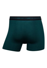 Teal boxershorts med en sort elastisk talje med teksten "JBS UNDERWEAR". Glat tekstur og tætsiddende, midt-lår længde design.
