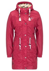 Red waterproof jacket with a hood, drawstrings, silver hardware, and floral-patterned lining. Features a fitted design and elastic waist.