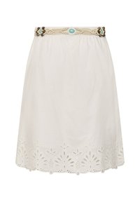 Jupe couleur crème avec un ourlet en dentelle florale festonnée et une ceinture tressée ornée de pierres turquoises et de perles en bois.