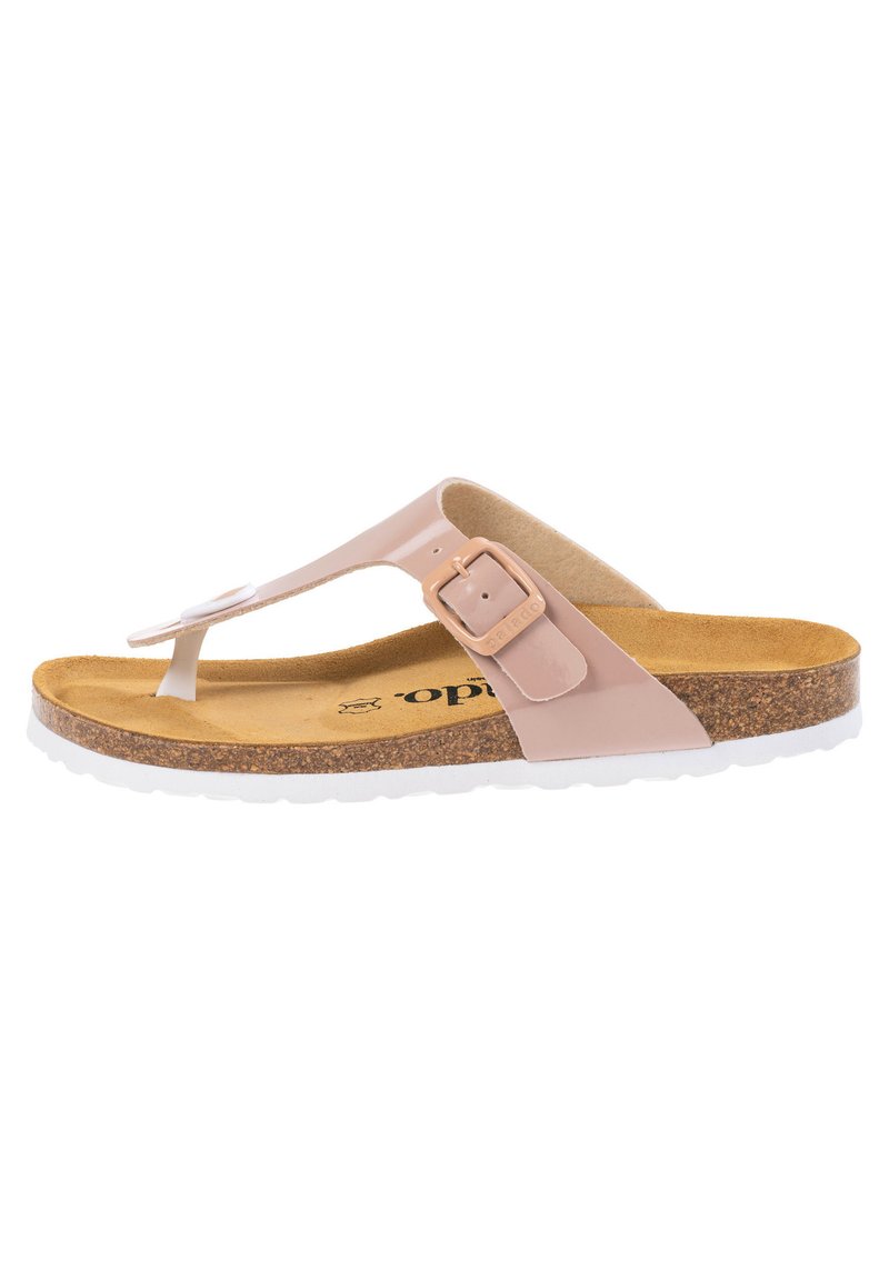 Rosa syntetiska flip-flopsandaler med korkfotbädd, vit gummisula, justerbart rem med spänne och en design i tanga-stil.