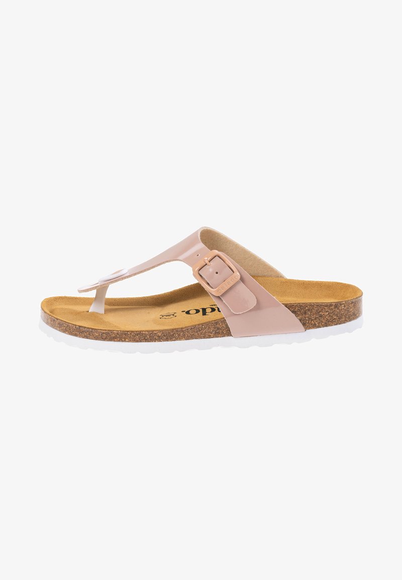 Rosa syntetiska flip-flopsandaler med korkfotbädd, vit gummisula, justerbart rem med spänne och en design i tanga-stil.