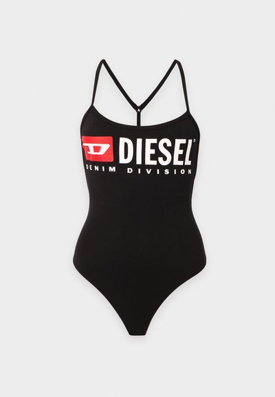Черно едночастно банско с тънки презрамки и бяло лого "DIESEL DENIM DIVISION" с червен акцент на гърдите.