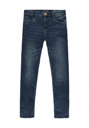 Donkerblauwe denim jeans met een slim fit, voorzien van vijf zakken, een knoopsluiting en subtiele slijtageplekken aan de voorkant.