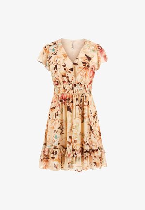Floral print dress with a V-neck, short flutter sleeves, elastic waist, and a ruffled hem. Colors include beige, brown, and soft pastels.