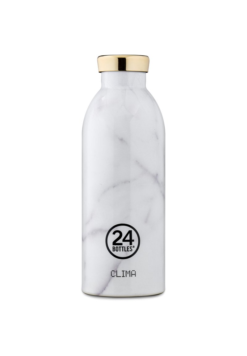 Bottiglia in acciaio inossidabile con motivo marmoreo bianco, dotata di un tappo in metallo dorato e un logo circolare nero, con il testo "24 BOTTLES CLIMA."
