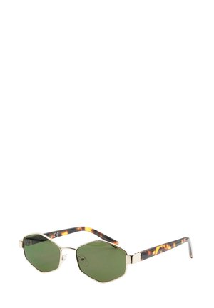 Occhiali da sole ottagonali con lenti verdi, montatura in metallo argentato e aste in acetato con motivo tartarugato. Finitura lucida, design leggero.